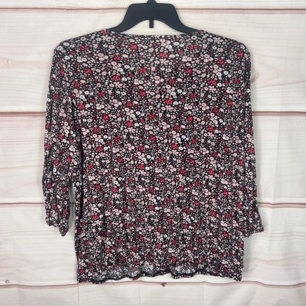 Michael Kors Top Womens 2X Black Floral‎ Blouse Keyhole Neck Elastic Waist Knit